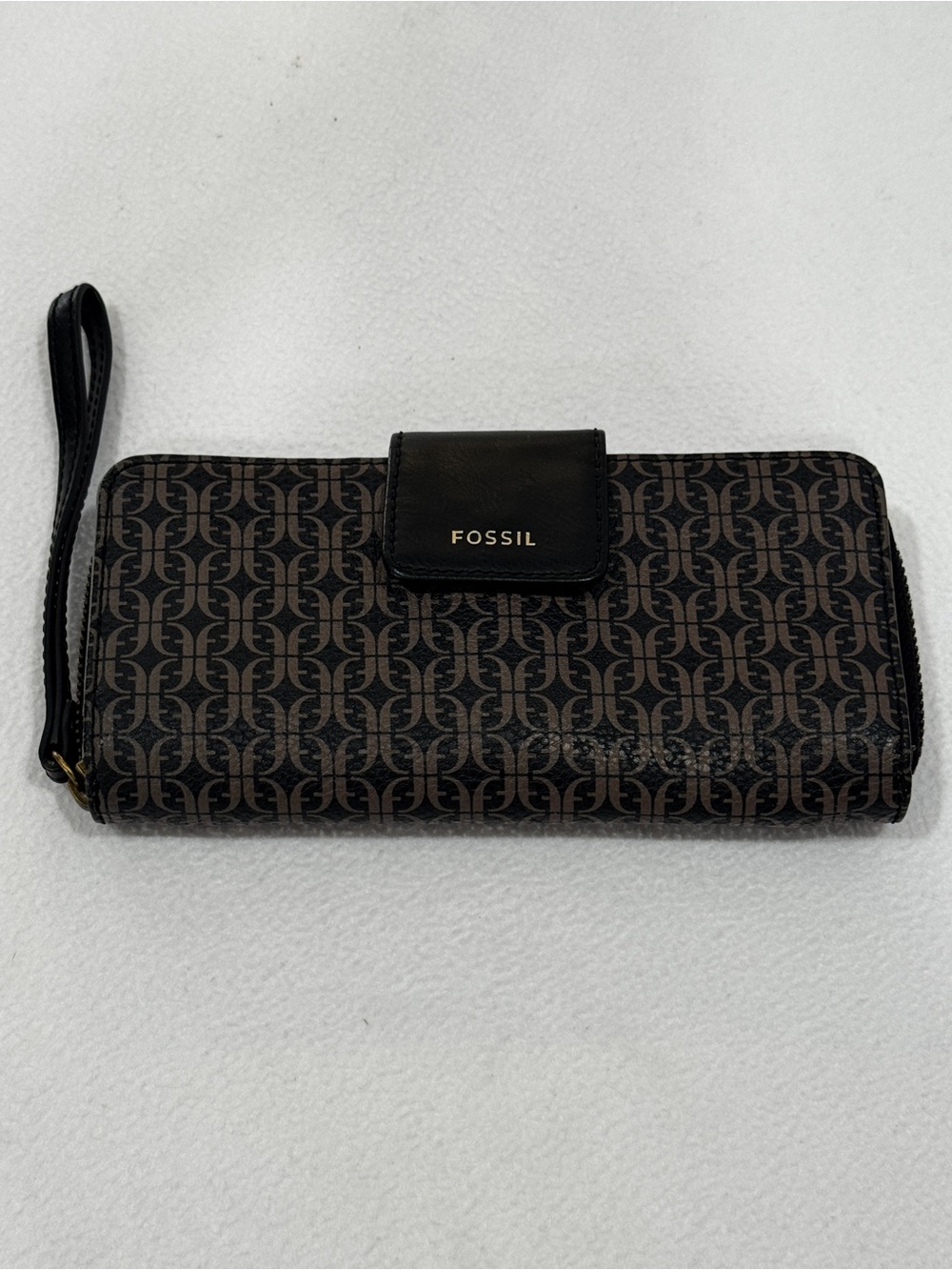Fossil Black and Brown Monogram Zip Wristlet Wallet